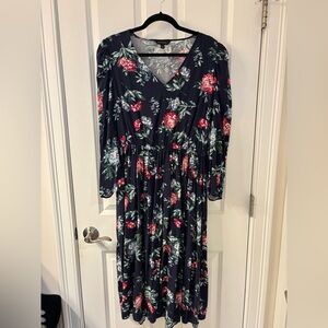 Banana Republic Navy Floral 3/4 Sleeve Flare Midi Dress Size LARGE